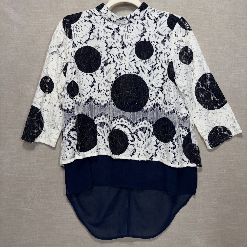 Anthropologie HD IN PARIS Lace Polka Dot Overlay Top 4 Navy Blue High Low Artsy
